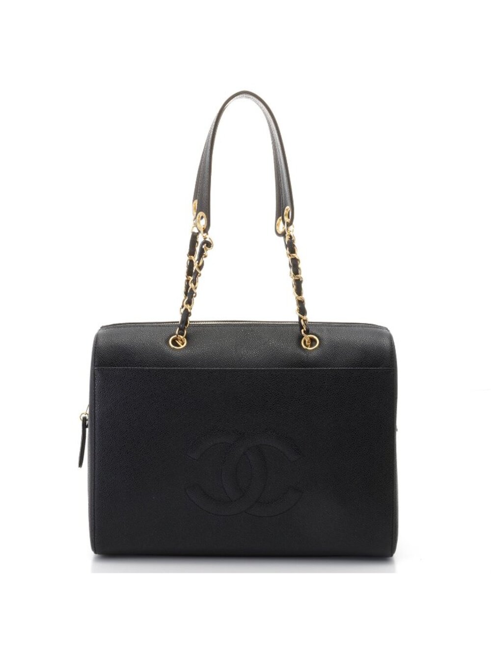 Chanel Tote Bag CC Logo Chain Shoulder Caviar Leather Black Gold